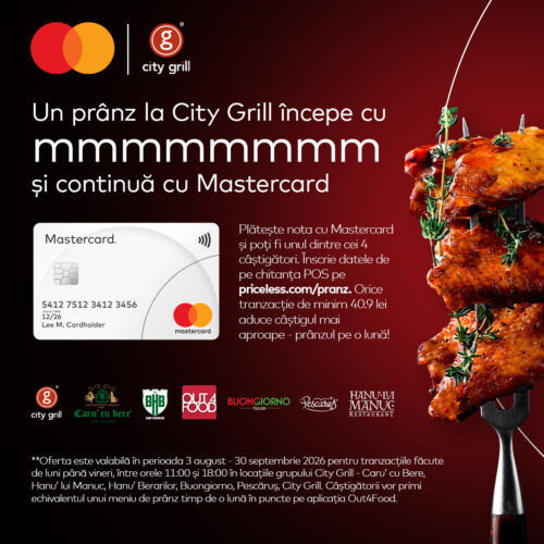 Ad for City Grill Mastercard lunch promo: Mastercard card on left, roasted chicken skewers on right, Romanian text on a red background.