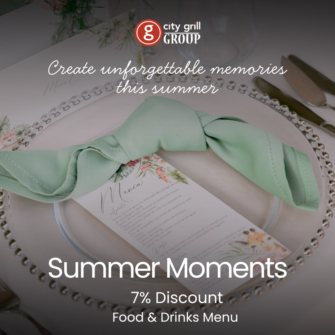 Promo image for City Grill Group: 'Summer Moments' with 7% discount on the Food & Drinks Menu, logo visible