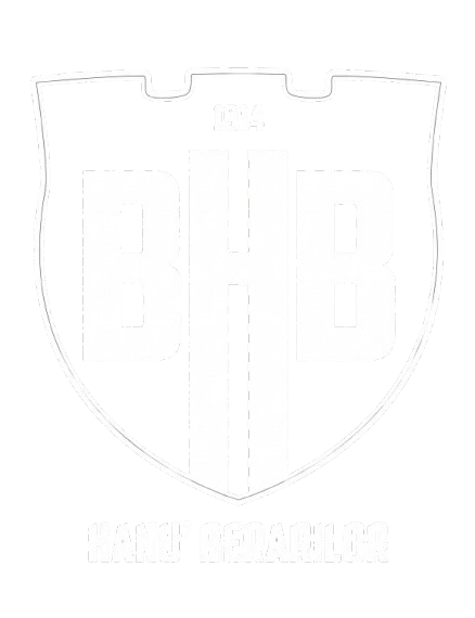 Shield-shaped black logo with white bold 'BHB' initials and a vertical center line; top shows '1914' and bottom line contains small text.