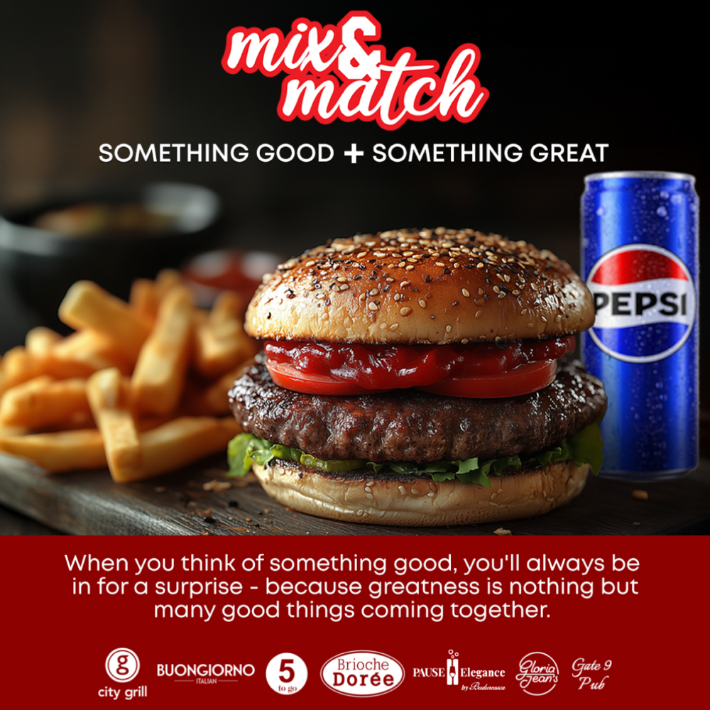 Promotional banner for Mix & Match featuring a sesame-seed burger, fries, and a Pepsi can with the 'mix & match' tagline above a red quote band.