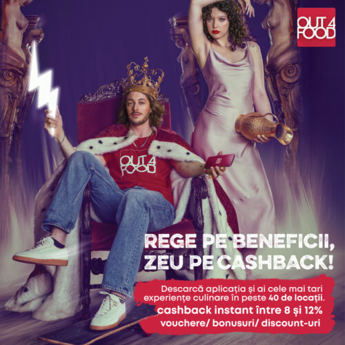 Promotional scene with a man in a crown seated on a red throne, holding a phone, while a woman in a satin dress stands beside him with a gold goblet; purple backdrop and Out4Food logo; cashback text at bottom.
