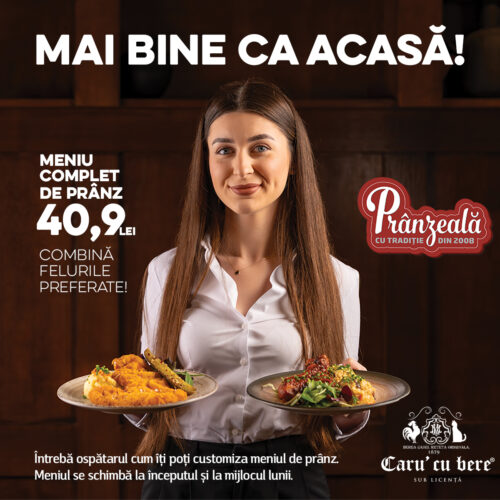 Tânără zâmbitoare ținând două farfurii cu mâncare, reclamă prânzuri pe fundal de lemn; textul promovării 'Meniu complet de prânz 40,9 lei'.
